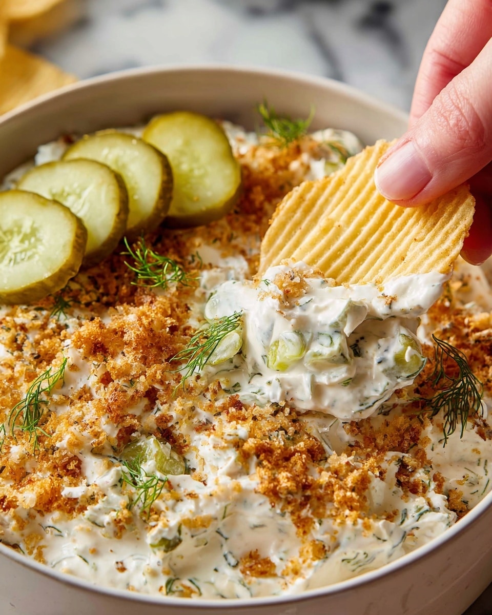 A white scalloped bowl holds a creamy, textured dip swirled with visible green herbs throughout. On top, there are three bright green pickles layered on one side, scattered small chopped pickles, and light brown crunchy crumbs sprinkled all over. The dip has a rough, swirled surface with herbs mixed in and crumbs dotting the top. Surrounding the bowl, crinkle-cut potato chips are placed casually on a white marbled surface, with a bowl of extra chips at the bottom right and a white bowl of sliced pickles at the top left. A gray and white striped cloth is partially visible at the bottom left. photo taken with an iphone --ar 4:5 --v 7