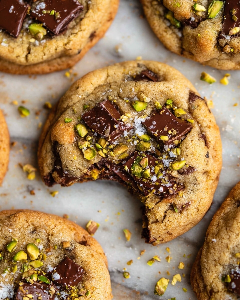 The image shows several round, freshly baked cookies placed on brown parchment paper over a white marbled surface. Each cookie has a light golden-brown color with a slightly rough texture, dotted with large, dark chunks of melted chocolate embedded in the center and spread throughout the dough. Small pieces of chopped nuts, including pistachios, are sprinkled on top and inside the cookies, adding green and tan specks that contrast with the cookie dough. The cookies look soft with slightly cracked tops, giving a homemade and delicious appearance. Photo taken with an iphone --ar 4:5 --v 7