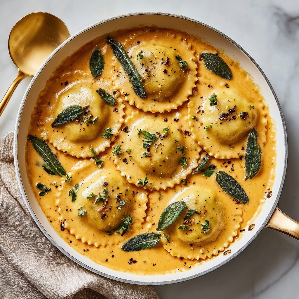 A white bowl filled with seven large ravioli pieces sitting in a thick, creamy orange tomato sauce. The sauce has a smooth texture with small bits of tomato and specks of black pepper on top. Fresh green basil leaves are scattered among the ravioli, adding a bright contrast. A spoon rests inside the bowl, partially submerged in the sauce. The background is a white marbled surface. photo taken with an iphone --ar 4:5 --v 7