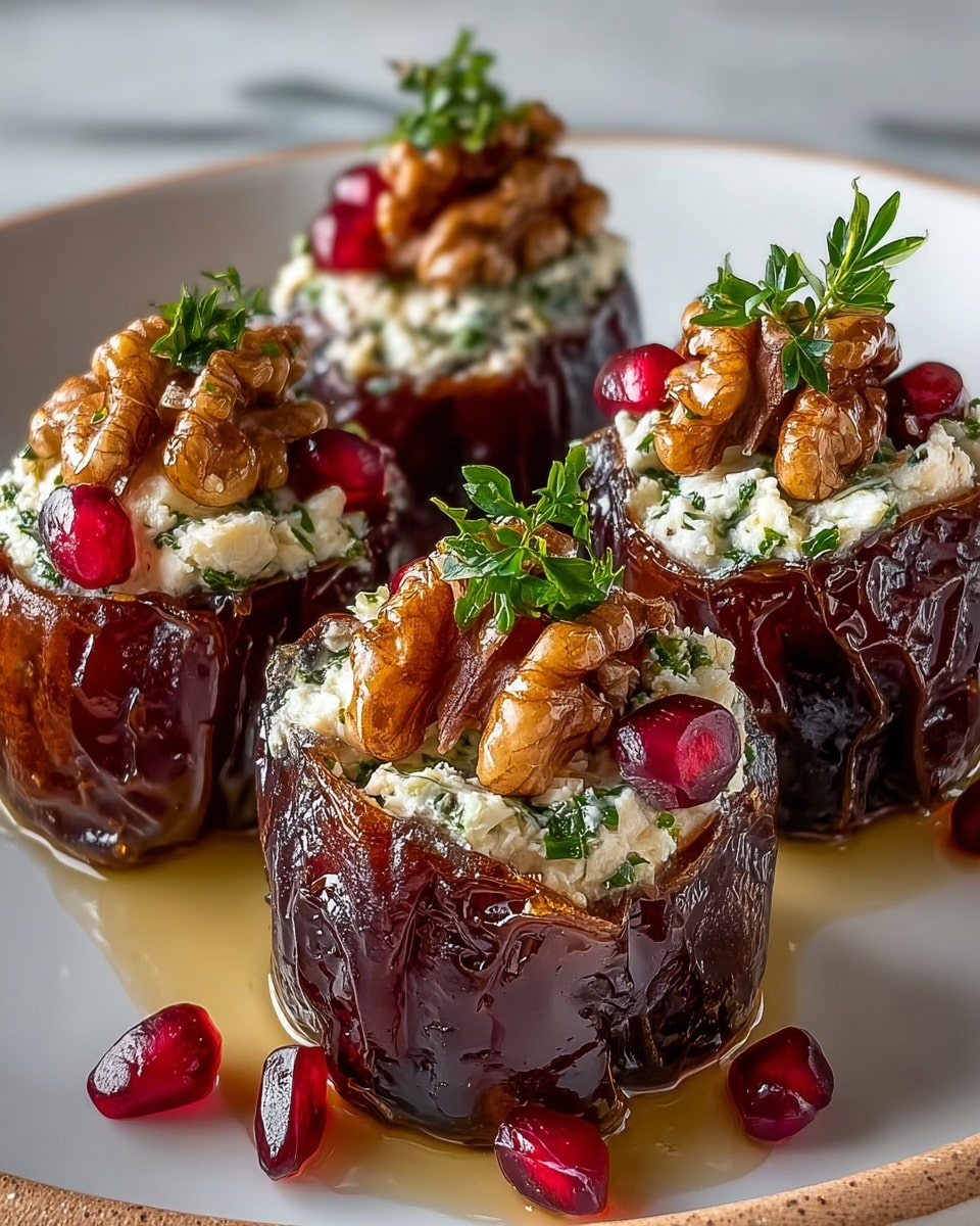 Four stuffed dates sit closely on a white plate with a pool of golden syrup around them, placed on a white marbled surface. Each date is dark brown and glossy with a slightly wrinkled texture. They are stuffed with a crumbly white cheese mixed with finely chopped green herbs, forming a thick middle layer. On top of this, there are whole caramelized walnuts adding a rich brown and glossy crunch. Small red pomegranate seeds are scattered around the base, adding bright pops of color. A small green herb sprig crowns each date, adding freshness and height. Photo taken with an iphone --ar 4:5 --v 7