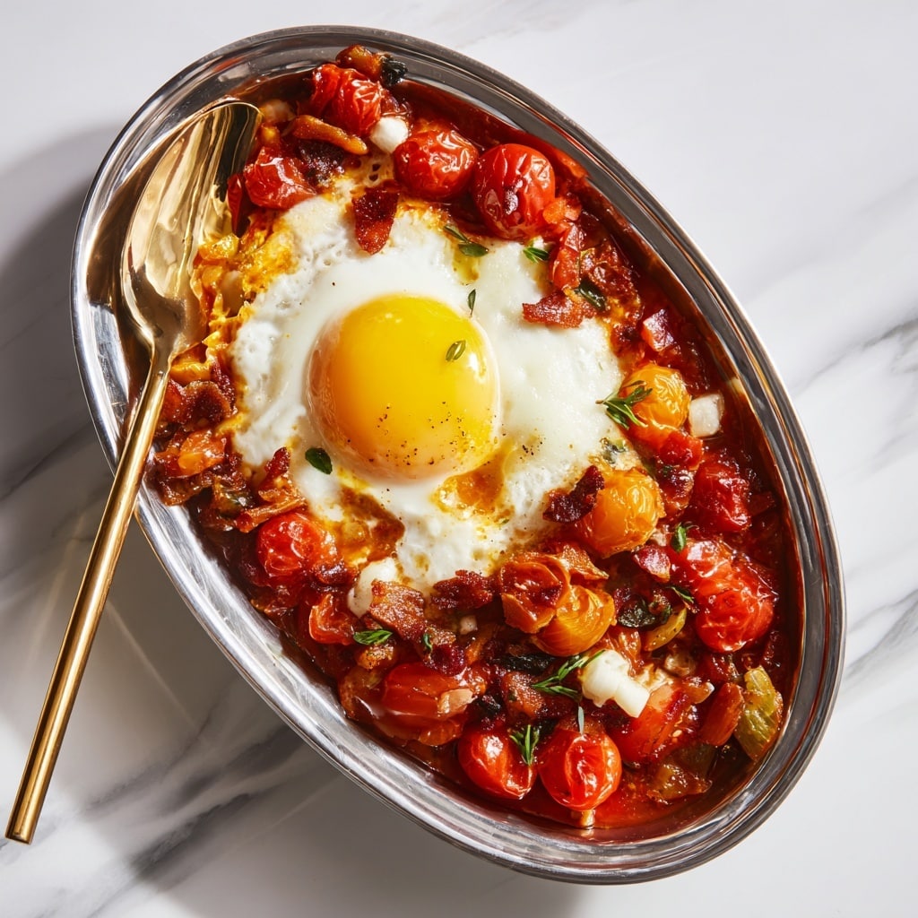 A white pot with two red handles holds a cooked dish made of four whole eggs, each with a runny white and bright yellow yolk, floating on a thick tomato sauce mixed with soft chunks of white cheese and pieces of red bell pepper. The sauce is rich orange-red, and the dish is topped with chopped green herbs scattered evenly. The pot is placed on a white marbled textured surface with a brass candle holder nearby. Photo taken with an iphone --ar 4:5 --v 7