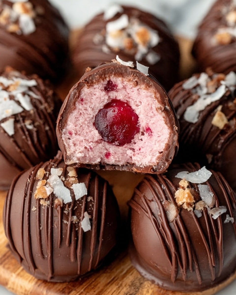 The image shows dark chocolate-covered balls with a shiny, slightly uneven texture. Inside, there is a thick, light pink filling that looks soft and creamy, visible in two balls that are cut in half and placed on top. Each chocolate ball is decorated on top with a small, bright red cherry. The sweets rest on a smooth white plate on a white marbled surface. photo taken with an iphone --ar 4:5 --v 7