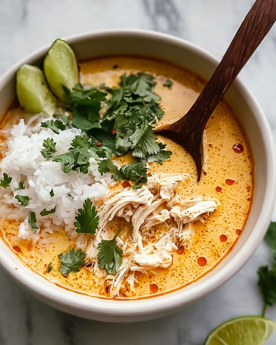 A white bowl filled with white rice on one side, topped with a few green cilantro leaves, and a creamy orange soup on the other side, containing a large piece of sliced chicken breast with a light brown, slightly crispy edge. There are small dark red chili spots and green cilantro leaves floating in the soup, with a lime wedge placed at the edge of the bowl. Two wooden spoons are positioned as if scooping up a slice of the chicken. The bowl is set on a white marbled surface. photo taken with an iphone --ar 4:5 --v 7