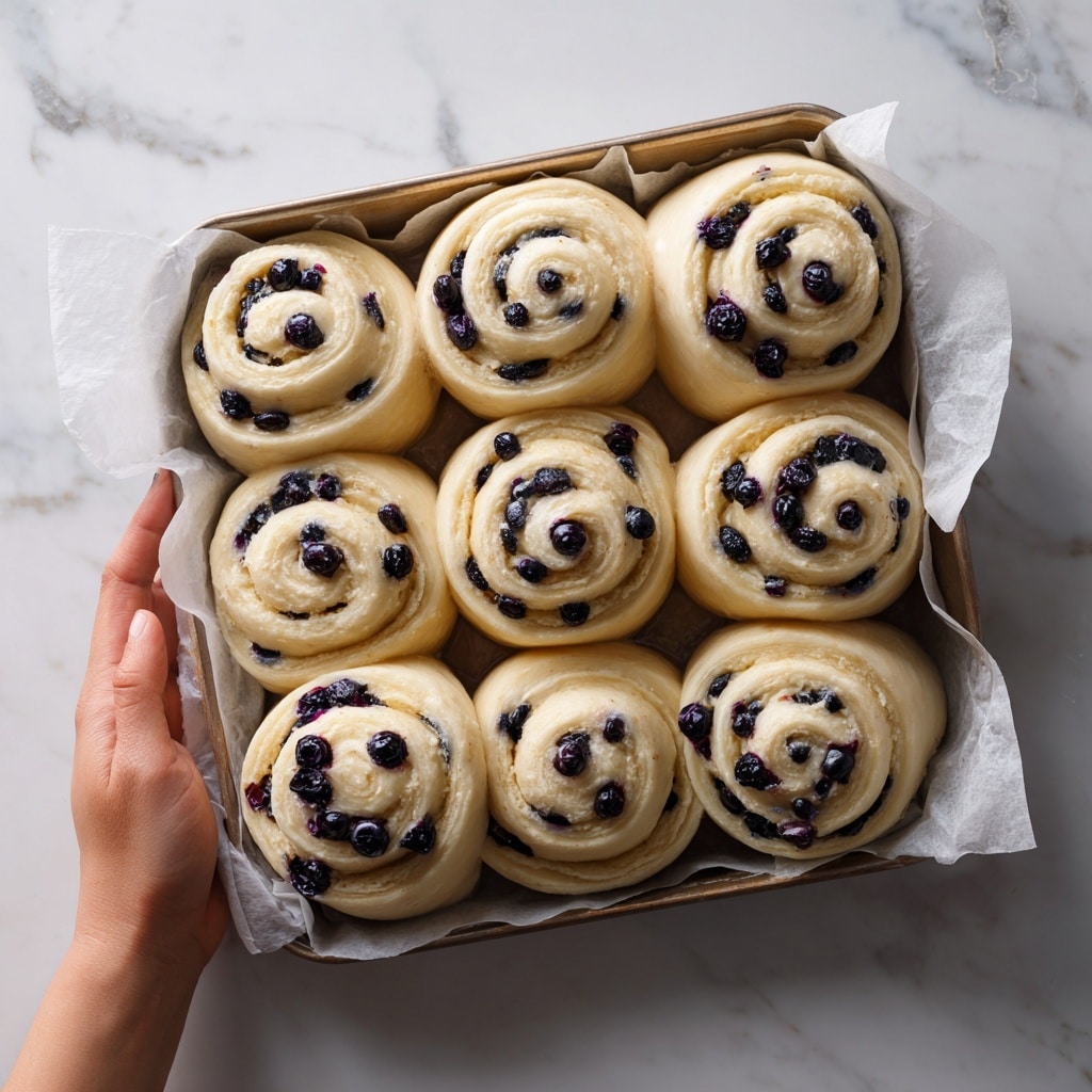 The image shows a close-up of nine freshly baked sweet rolls in a black baking tray. Each roll is golden brown with soft, fluffy layers spiraled tightly. On top of every roll, there is a shiny, deep purple blueberry sauce or jam, dripping slowly down the sides and pooling in some areas. The texture of the rolls looks tender and light, while the dark purple topping adds a glossy contrast. Some blueberry bits are visible in the sauce. The background is a white marbled texture. photo taken with an iphone --ar 4:5 --v 7