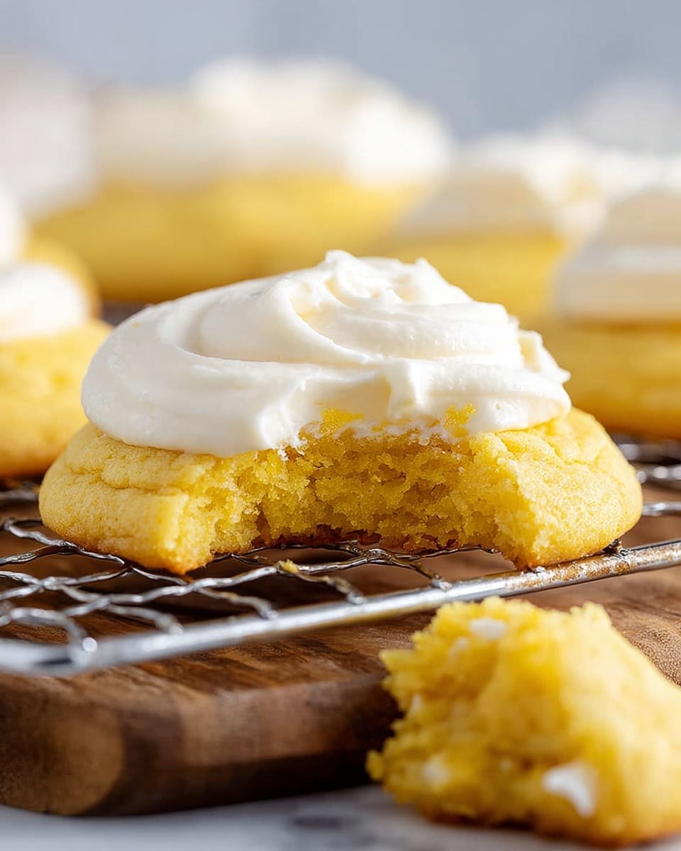 The image shows four round, golden-yellow cookies with a soft texture, each topped with a dollop of smooth white cream. They are placed on a small metal cooling rack set over a wooden board with a light parchment paper underneath. To the right, there is a small white bowl with a thick white cream sauce and a small metal cup filled with golden honey. In the foreground, a wooden honey dipper with honey is slightly visible on a white marbled surface. Photo taken with an iphone --ar 4:5 --v 7