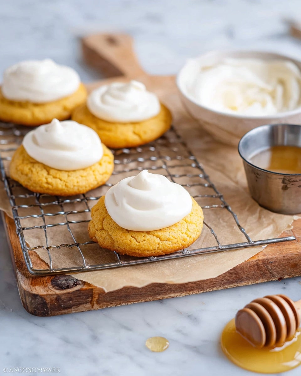 A close-up image of a soft yellow cookie with a bite taken out of its front, topped with a thick layer of smooth white frosting that is swirled and slightly uneven. The cookie sits on a silver cooling rack that rests on a wooden board, with more similar yellow cookies topped with white frosting blurred in the background. A broken piece of the same cookie is in the foreground on a white marbled surface. The texture of the cookie looks crumbly but soft, and the frosting looks creamy and fluffy. photo taken with an iphone --ar 4:5 --v 7