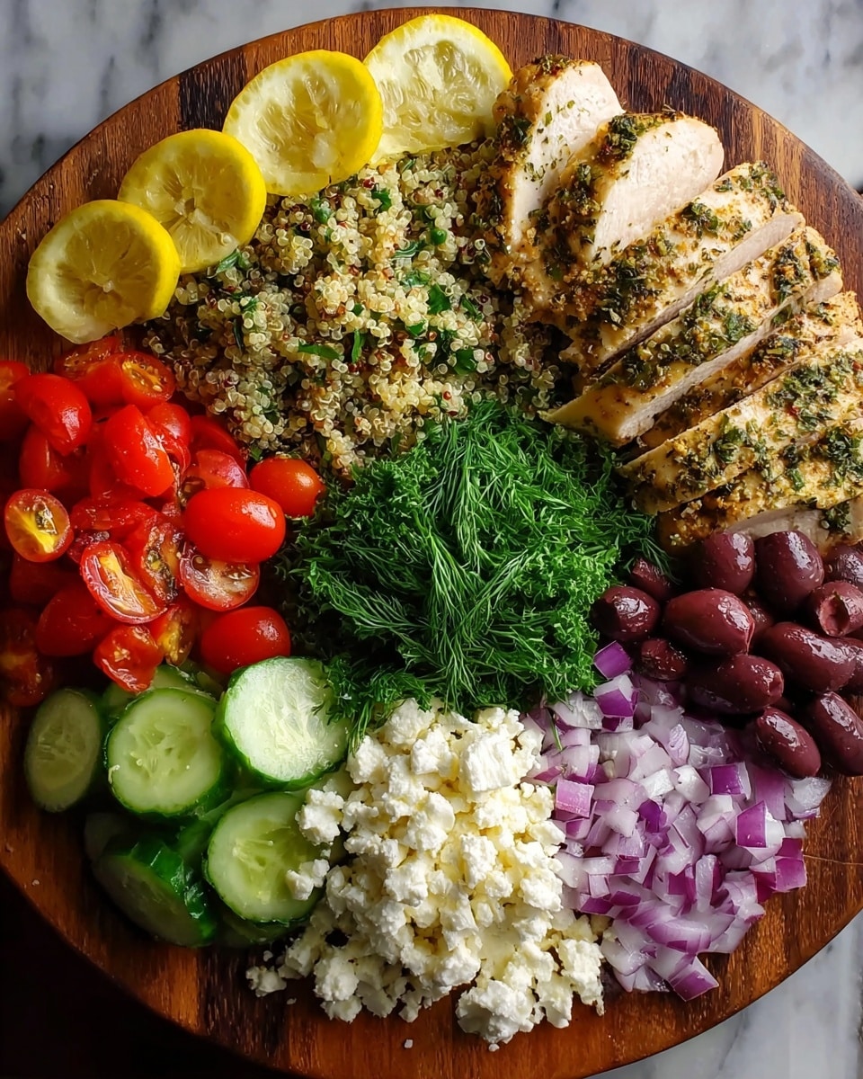 A white bowl filled with layers of colorful ingredients arranged neatly in sections. At the bottom is a layer of light brown rice, topped with grilled chicken pieces that are golden brown with dark grill marks, garnished with sprigs of fresh dill. To the side, there are slices of bright red tomatoes, followed by a section of crumbled white feta cheese with a sprinkle of green herbs. Next to that are dark purple Kalamata olives and fresh green cucumber slices. A bright yellow lemon wedge rests on the edge of the bowl, with a slice of lemon and dill placed on the rice beside the chicken. The bowl is set on a white marbled surface, creating a clean and fresh background. Photo taken with an iphone --ar 4:5 --v 7