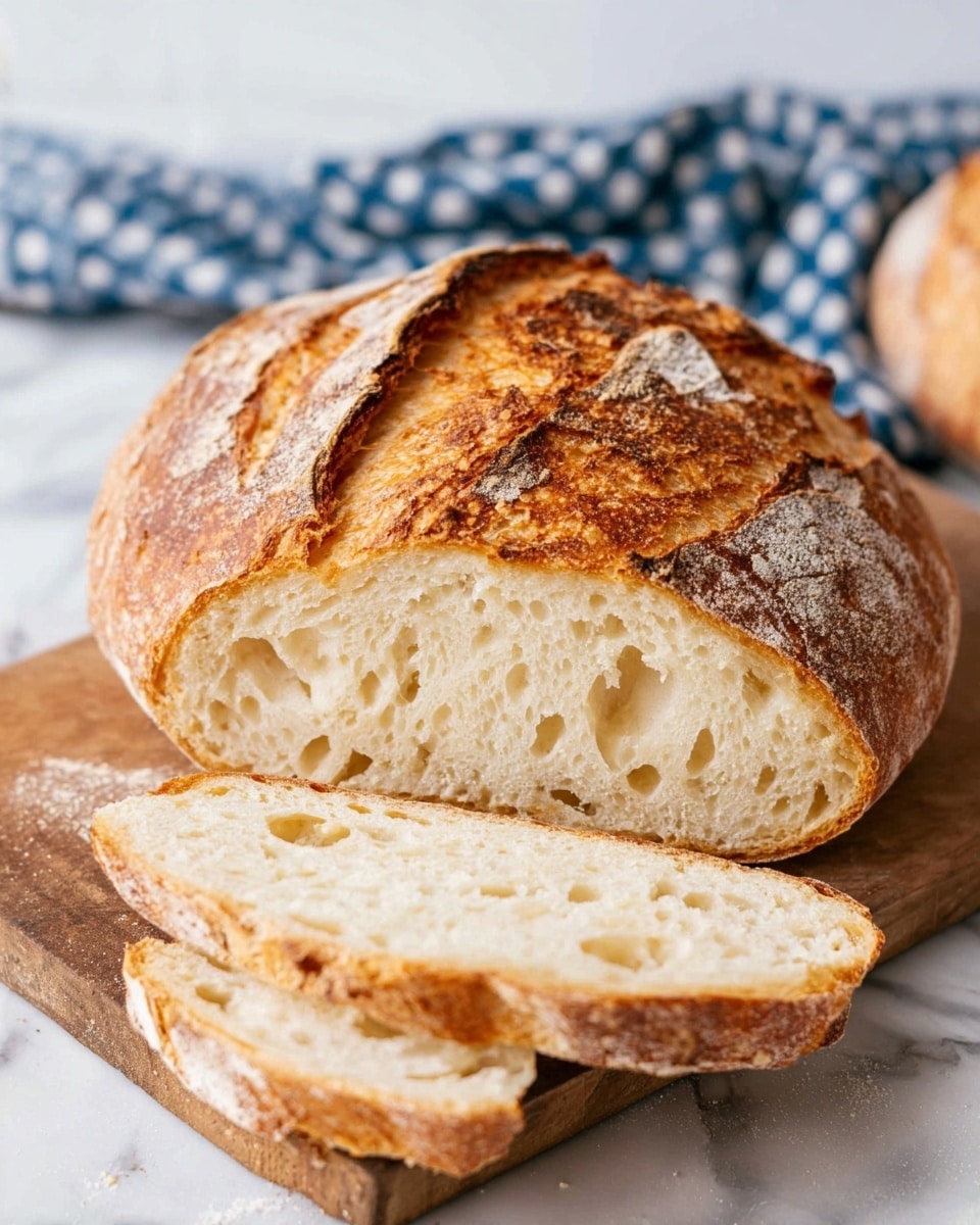 The image shows a round loaf of bread with a golden brown, crusty outer layer that has dark, rustic cracks on top. One thick slice and two thinner slices are cut from the loaf, displaying the soft, light cream inside with many air holes spread unevenly throughout. The bread is placed on a worn wooden board, and the background is a white marbled surface with a blue and white checkered cloth slightly out of focus in the back. photo taken with an iphone --ar 4:5 --v 7