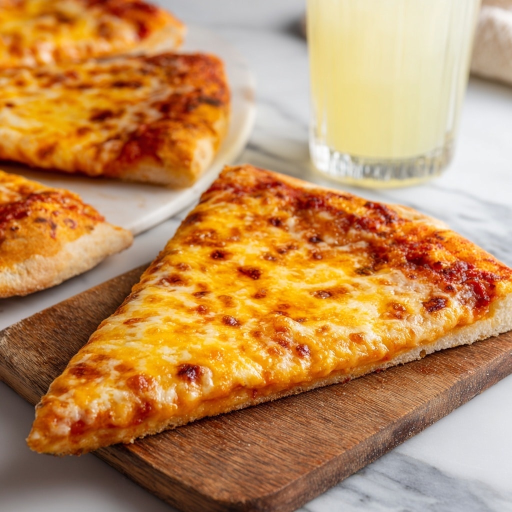 A close-up view of a single slice of cheese pizza resting on a wooden board with three visible layers: a light golden-brown crust forming the base, a thin layer of orange-brown tomato sauce in the middle, and a thick, bubbly layer of melted yellow-orange cheese on top with some brown crispy spots; in the background, more pizza slices are partially visible, along with a clear glass filled with a pale yellow drink, all set against a white marbled texture. Photo taken with an iphone --ar 4:5 --v 7