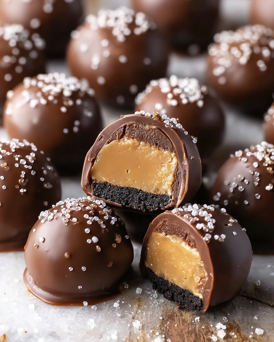 The image shows many round chocolate truffles covered with smooth dark brown chocolate and white sugar sprinkles on top. Two truffles are cut open in the front, revealing three layers inside: a thin, shiny dark brown chocolate shell on the outside, a thick, creamy light caramel-colored center, and a thin dark brown base layer that looks like a cookie or brownie. The truffles are placed on a white marbled textured surface with some sugar crystals scattered around. photo taken with an iphone --ar 4:5 --v 7