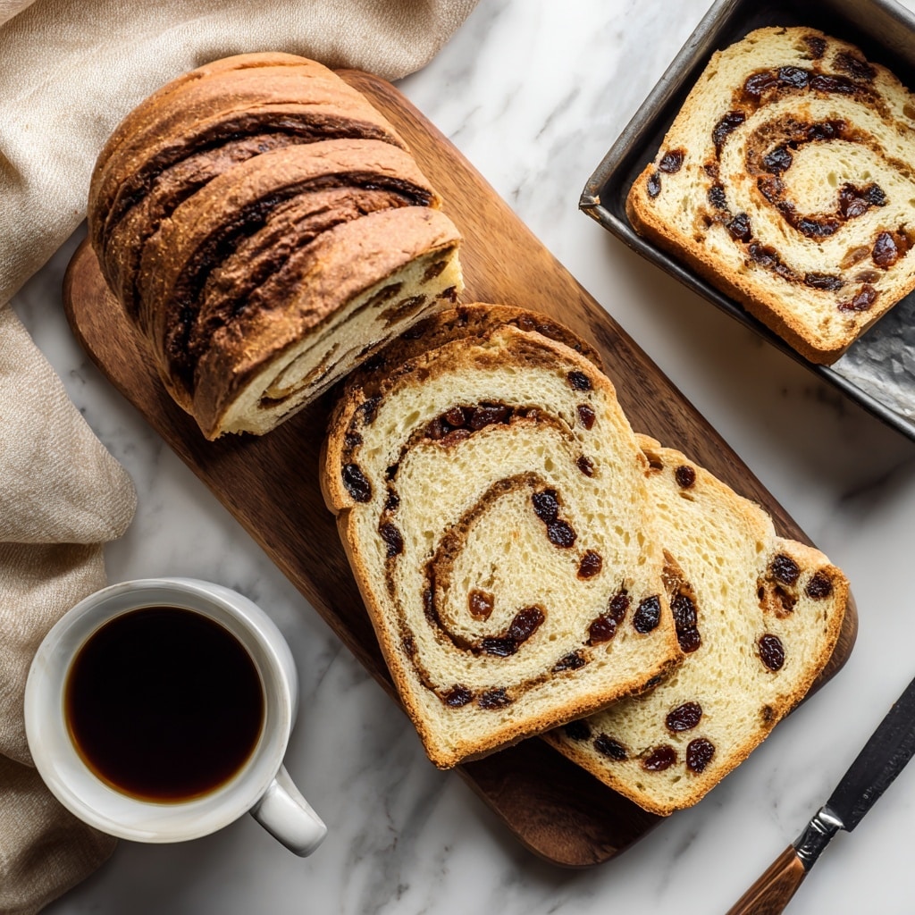 The image shows a loaf of bread with raisins, placed on a wooden board. Two slices are cut and laid in front of the loaf, showing the dense inside with raisins scattered throughout. Next to the bread is a small white plate with a smooth yellow slab of butter and a silver knife resting on the plate’s edge. Behind the loaf, there is a white cup filled with dark coffee. A woman's hand holding a knife is partially visible on the right side near the butter plate. The background surface is a white marbled texture with a soft beige cloth draped on the left edge of the board. photo taken with an iphone --ar 4:5 --v 7
