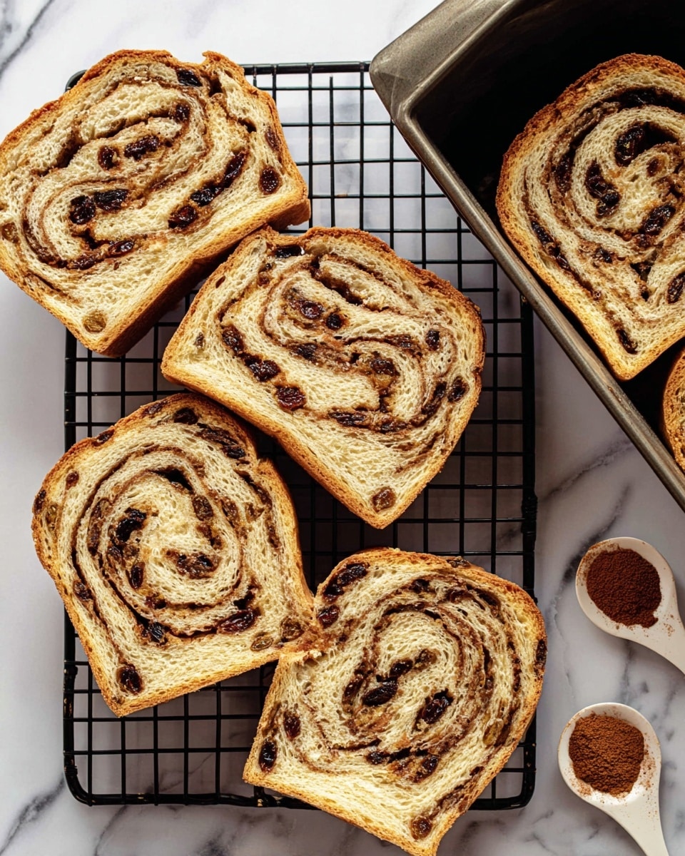 The image shows five slices of swirled raisin bread with cinnamon, placed on a black cooling rack on a white marbled surface. Each slice has two main layers: a light tan bread base with a darker brown cinnamon swirl forming a spiral pattern throughout, and scattered dark brown raisins embedded unevenly in the bread. The top right corner shows a dark metal loaf pan with part of the unsliced bread loaf inside, displaying the same swirl and raisin pattern. On the left side, there are two small, flat white measuring spoons filled with cinnamon powder resting on the white marbled surface. Photo taken with an iphone --ar 4:5 --v 7