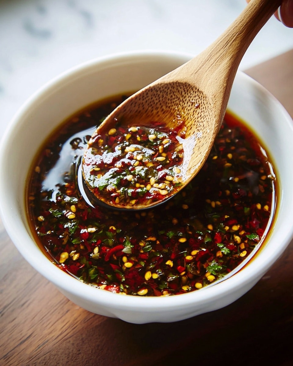 A white bowl holds a dark, shiny sauce filled with small bits of red chili flakes, yellow seeds, and tiny green herbs, giving it a textured look. A wooden spoon scoops some sauce, resting on the edge of the bowl with a visible woman’s hand holding the handle from above. The bowl is on a white marbled surface with soft natural light shining on the sauce, highlighting its glossy, slightly oily texture. photo taken with an iphone --ar 4:5 --v 7