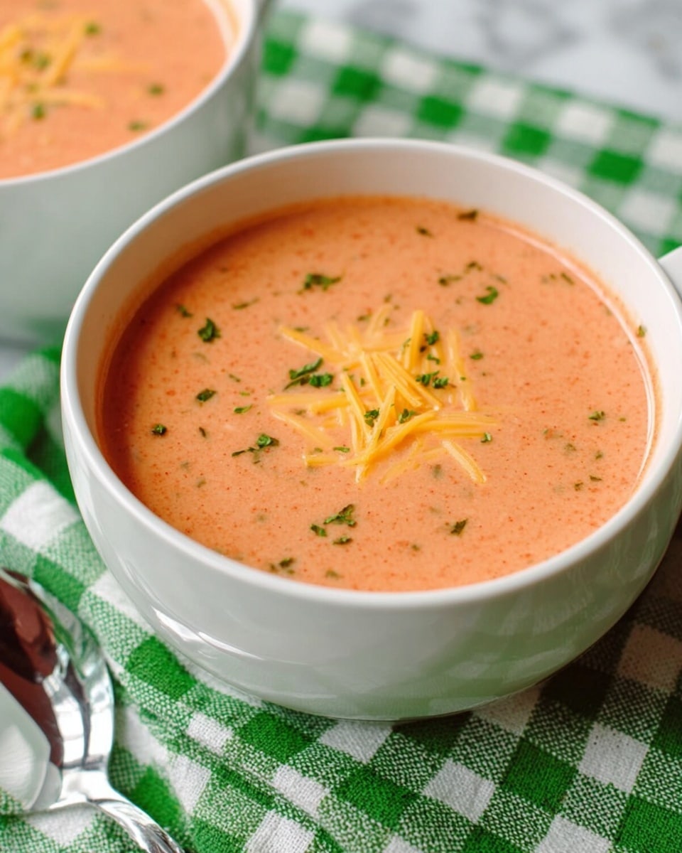 A white bowl filled with creamy tomato soup that has a light pink-orange color. The soup surface is smooth, topped with small bits of green herbs and a sprinkle of shredded yellow cheese in the middle. The bowl sits on a green and white checkered cloth, and there is part of another similar bowl with the same soup visible at the bottom left corner. The background is a white marbled texture. photo taken with an iphone --ar 4:5 --v 7