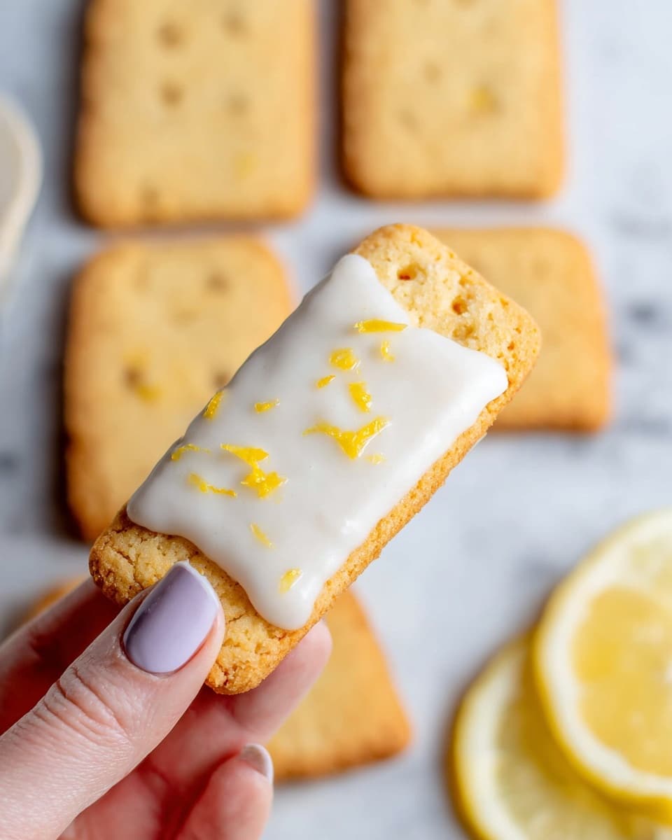 The image shows a stack of rectangular lemon shortbread cookies on a white marble board. Each cookie has two layers: the main layer is light golden yellow with a crumbly texture, and the top half is dipped in smooth white icing, sprinkled with small bits of lemon zest. Around the stack, there are more cookies scattered on a white marble surface, and in the background, there's a beige cloth with whole and halved bright yellow lemons adding a fresh color contrast. photo taken with an iphone --ar 4:5 --v 7