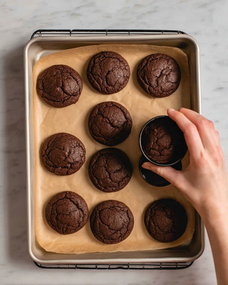 A metal baking tray lined with light brown parchment paper holds nine round, dark brown chocolate cookies with visible cracks on their soft surface. A woman's hand is gently lifting one cookie with a round black cookie cutter, showing its slightly domed shape and soft texture. The baking tray rests on a cooling rack, all set against a white marbled texture. photo taken with an iphone --ar 4:5 --v 7