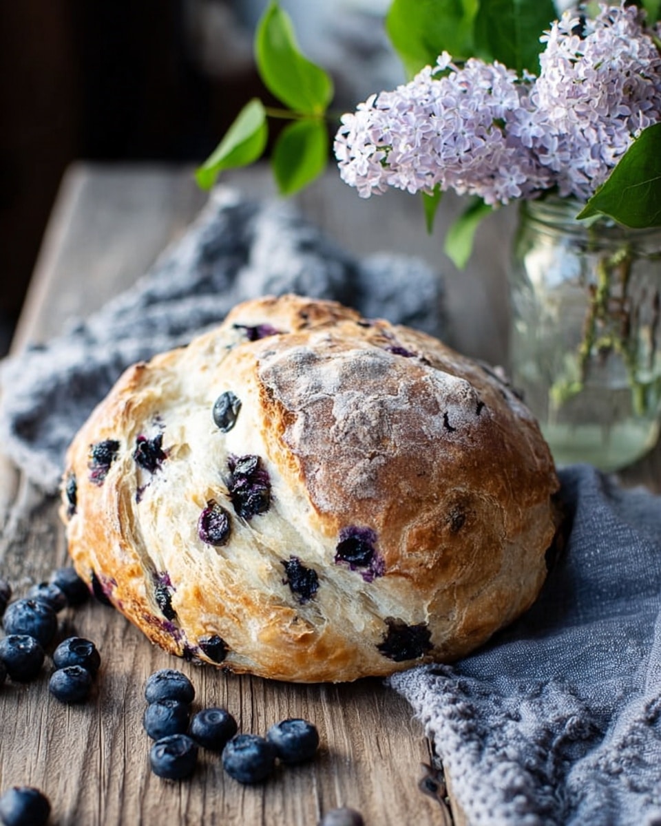 A freshly baked loaf of bread with a golden brown crust and a soft, light interior is partly sliced on a wooden board. The bread has visible dark blueberries inside that create scattered purple streaks and spots within the soft white dough. Three thick slices lie in front of the main loaf showing the textured crumb and the distribution of the blueberries inside. Around the bread, there are loose blueberries and small light purple flowers placed on a light grey textured cloth that adds a cozy touch to the scene. The background is a white marbled texture, giving a clean and simple look. photo taken with an iphone --ar 4:5 --v 7