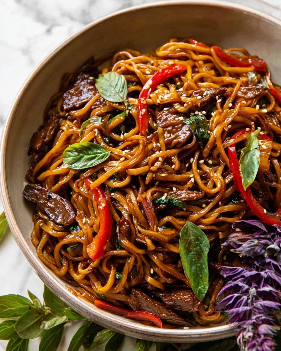 A bowl filled with stir-fried noodles sits on a white marbled surface, the bowl itself a neutral earthy tone. The first layer consists of glossy, dark brown noodles twisted together, mixed throughout with thin, vibrant red pepper strips and bits of cooked beef with a rich browned texture. Scattered green basil leaves add fresh color contrast on top, with small white sesame seeds sprinkled across the dish. Dark chopsticks are lifting a bundle of noodles from the bowl. Nearby, some fresh green herb sprigs rest on the surface. Photo taken with an iphone --ar 4:5 --v 7