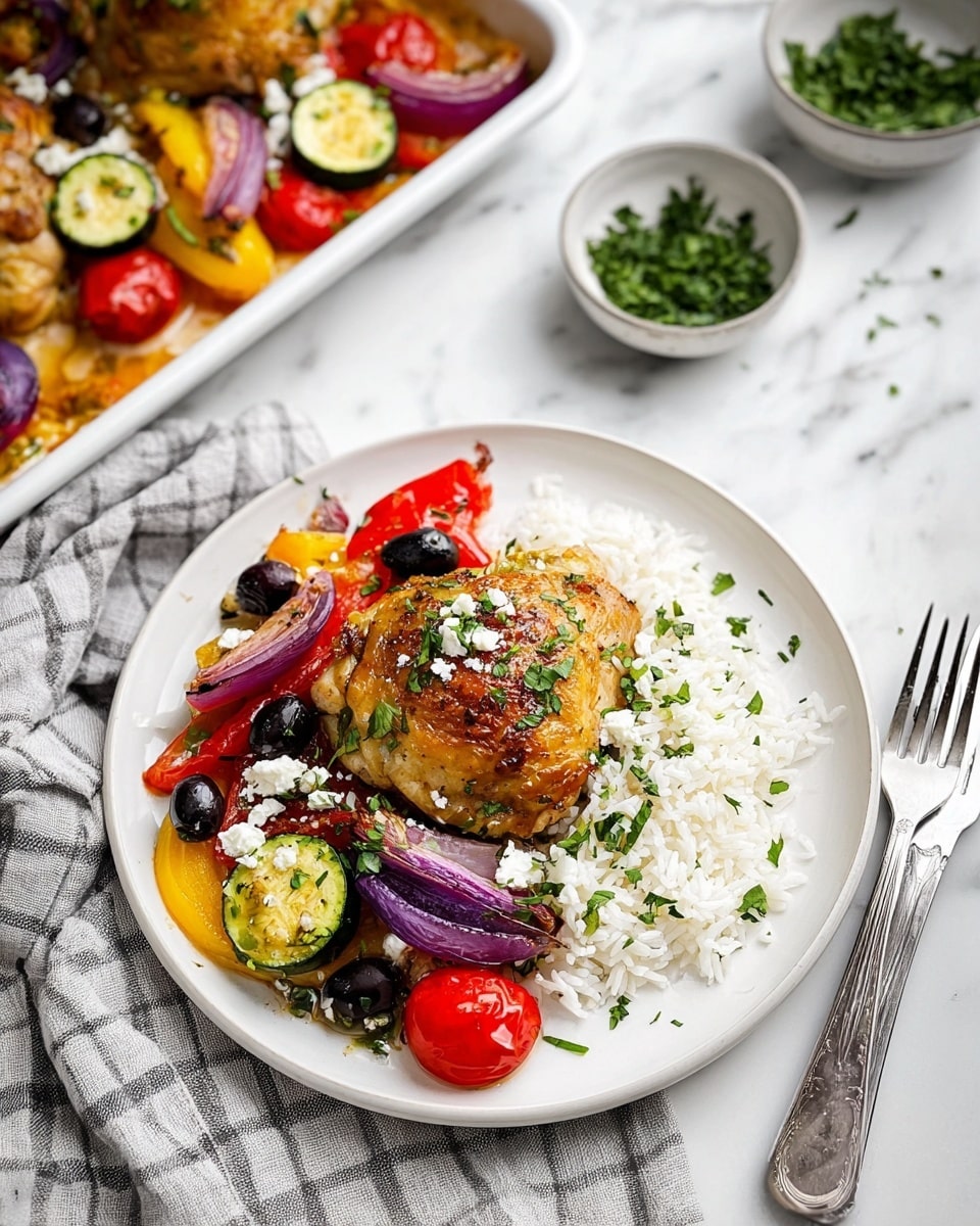 A white plate is filled with a serving of white rice on the right side, topped with a golden-brown roasted chicken thigh placed slightly above the rice. Around the chicken, there are colorful layers of roasted vegetables including red cherry tomatoes, yellow bell pepper pieces, black olives, green zucchini slices, and purple-red onion wedges. Small bits of white feta cheese and green chopped parsley are scattered over the chicken and vegetables, adding texture and color. In the background, a white baking tray holds more of the same roasted chicken and vegetables, and to the right on the white marbled surface are two white bowls with chopped herbs. A silver fork and knife rest on a gray and white checkered cloth next to the plate. Photo taken with an iphone --ar 4:5 --v 7