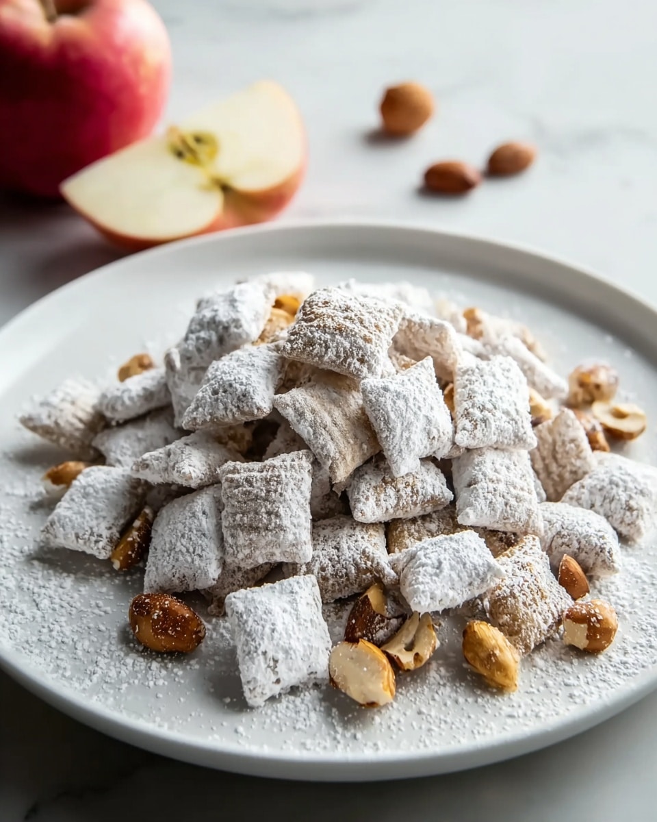 A white speckled bowl is full and piled high with a mixture of crunchy cereal pieces that have a light dusting of white powdered sugar, creating a soft, powdery texture across the top layer. Interspersed throughout are round, golden caramel-coated balls and some cereal pieces drizzled with a shiny caramel syrup, adding a sticky, glossy contrast to the matte powdered pieces. The bowl is placed on a white marbled surface with some cereal pieces and caramel balls scattered around it, creating a casual, inviting look. The background is softly blurred with green and white hues, giving focus to the detailed textures and warm colors of the cereal mixture. photo taken with an iphone --ar 4:5 --v 7
