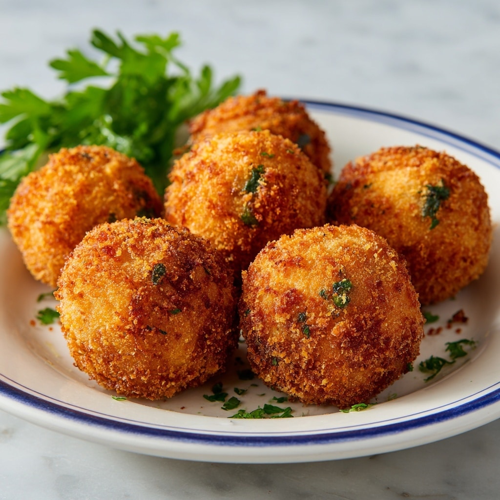 The image shows a white oval dish with a blue rim filled with six golden-brown crispy fried balls. Two of the balls in the front are cut in half to show their inside, which is creamy white with small green and orange bits, indicating herbs and possibly seafood. The fried coating looks crunchy and flaky. On the side inside the dish, there is a bunch of green parsley adding a fresh color contrast. The dish is placed on a white marbled surface with a small part of a red onion visible in the bottom right corner and a golden fork and a bowl with pink sauce blurred in the background. photo taken with an iphone --ar 4:5 --v 7