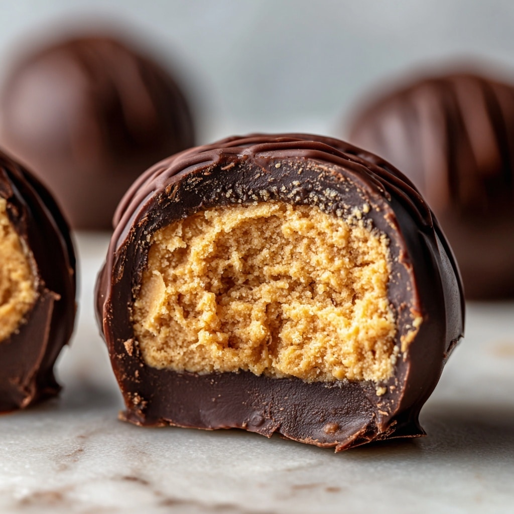 The image shows several round chocolate-covered balls arranged on a white marbled surface. Most of these balls are coated in smooth dark chocolate with thin dark chocolate lines drizzled on top, creating a shiny and slightly textured look. One ball is cut in half at the center, revealing two layers inside: an outer dark chocolate shell and a thick, crumbly, light tan-colored peanut butter filling with a rough texture. One of the balls near the bottom right side is decorated with small round sprinkles in red, green, and white colors, adding a festive touch. The overall presentation emphasizes the contrast between the dark chocolate outside and the light creamy inside. Photo taken with an iphone --ar 4:5 --v 7