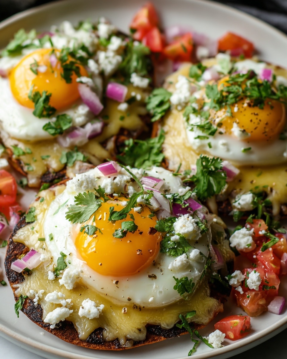 A close-up of a white plate on a white marbled surface, holding four layered tostadas. Each tostada starts with a crispy dark brown base, topped with melted pale yellow cheese, then a perfect fried egg with bright yellow yolks and white edges. The eggs are sprinkled with small chopped green herbs, tiny white cheese chunks, finely chopped red onions, and small diced tomatoes around the plate. The scene is fresh, colorful, and rich in textures. Photo taken with an iphone --ar 4:5 --v 7