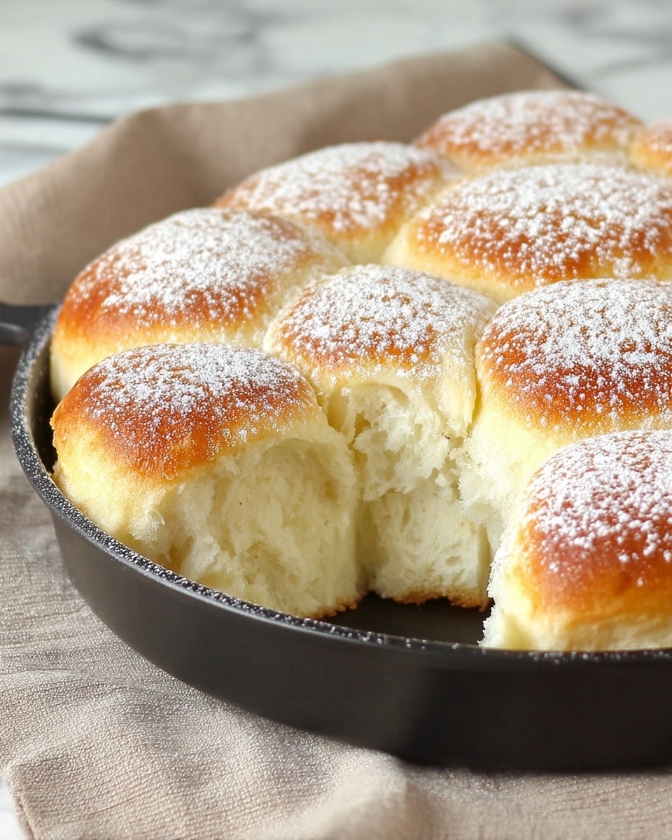 On a white plate, there are seven pieces of soft, golden-brown bread rolls dusted with white powdered sugar. The rolls have a light, fluffy texture inside, showing a creamy, pale yellow sauce drizzled over and pooling beneath them. In the background, a black pan holds more bread rolls, and beside it is a small white bowl with a fine metal sieve filled with powdered sugar, all placed on a white marbled surface. The lighting highlights the warm tones of the bread and the smooth creaminess of the sauce, creating a comforting, fresh look, photo taken with an iphone --ar 4:5 --v 7