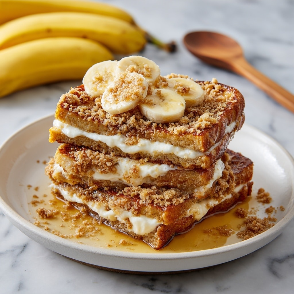 The image shows a white shallow dish holding a stack of several thick slices of golden-brown French toast topped with a crumbly, light brown streusel layer and fresh banana slices scattered on top. The French toast is soaked with syrup, creating a glistening effect around the base of the toast. Inside the stack, there is a visible layer of creamy, white filling that oozes slightly from between the toast slices. The dish is placed on a white marbled surface with two yellow bananas and a small wooden spoon in the background. Photo taken with an iphone --ar 4:5 --v 7