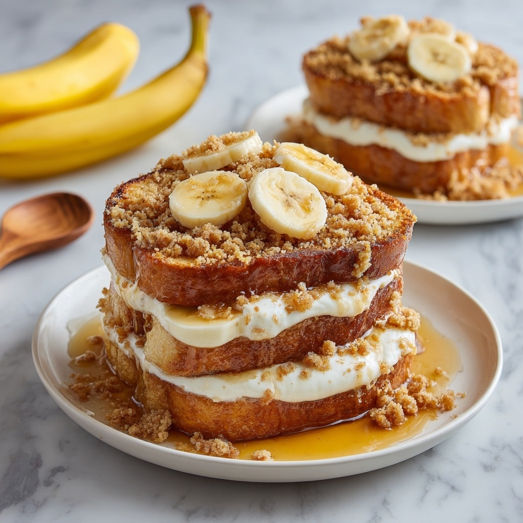 A thick square piece of bread pudding sits on a small white plate. It has visible layers of soft bread mixed with small chunks of banana inside. The top layer is golden brown and slightly crispy, with three banana slices placed on top. A light drizzle of caramel or syrup runs over the pudding and down the sides, pooling a little on the plate. To the right of the plate lies a gold fork, and in the background are scattered raspberries on a white marbled surface, with part of a banana and a white dish blurred behind it. Photo taken with an iphone --ar 4:5 --v 7