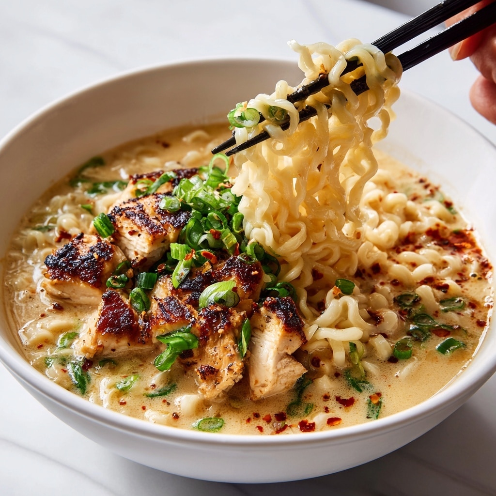 A white bowl filled with creamy, light tan broth holds thick, wavy ramen noodles being lifted by black chopsticks held by a woman's hand. The bowl shows grilled chicken pieces with a golden-brown color on one side, topped with chopped green onions, adding a bright green layer between the chicken and noodles. Red chili flakes are sprinkled on the broth, adding small spots of red throughout the creamy soup. The bowl rests on a white marbled surface. Photo taken with an iphone --ar 4:5 --v 7