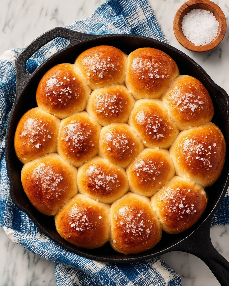 The image shows a black cast iron pan filled with 15 round dough balls arranged close together in three rows. Each dough ball has a smooth, shiny, golden-yellow surface from being brushed with a light coating, giving them a slightly glossy texture. A woman's hand is holding a wooden brush with a bright blue silicone bristle head, gently spreading the coating over one dough ball near the center of the pan. The pan is placed on a white marbled surface that adds a clean and simple background to the scene. photo taken with an iphone --ar 4:5 --v 7