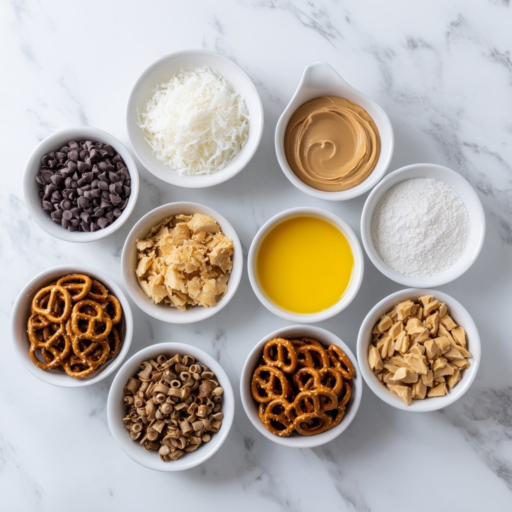 The image shows a close-up of a layered dessert bar on white parchment paper placed on a wooden board. The bar has four distinct layers: the bottom layer is dark brown and dense, likely a cookie or brownie base; above it is a thick, chunky middle layer with a mix of light brown, beige, and chocolate colors, which looks like a mixture of nuts, chocolate chips, and other ingredients; the top layer is a light, creamy layer sprinkled with white flakes and covered with whole golden-brown pretzel pieces arranged evenly. Other similar bars are partly visible around it on the white marbled surface, with a single pretzel also in the foreground. The photo taken with an iphone --ar 4:5 --v 7