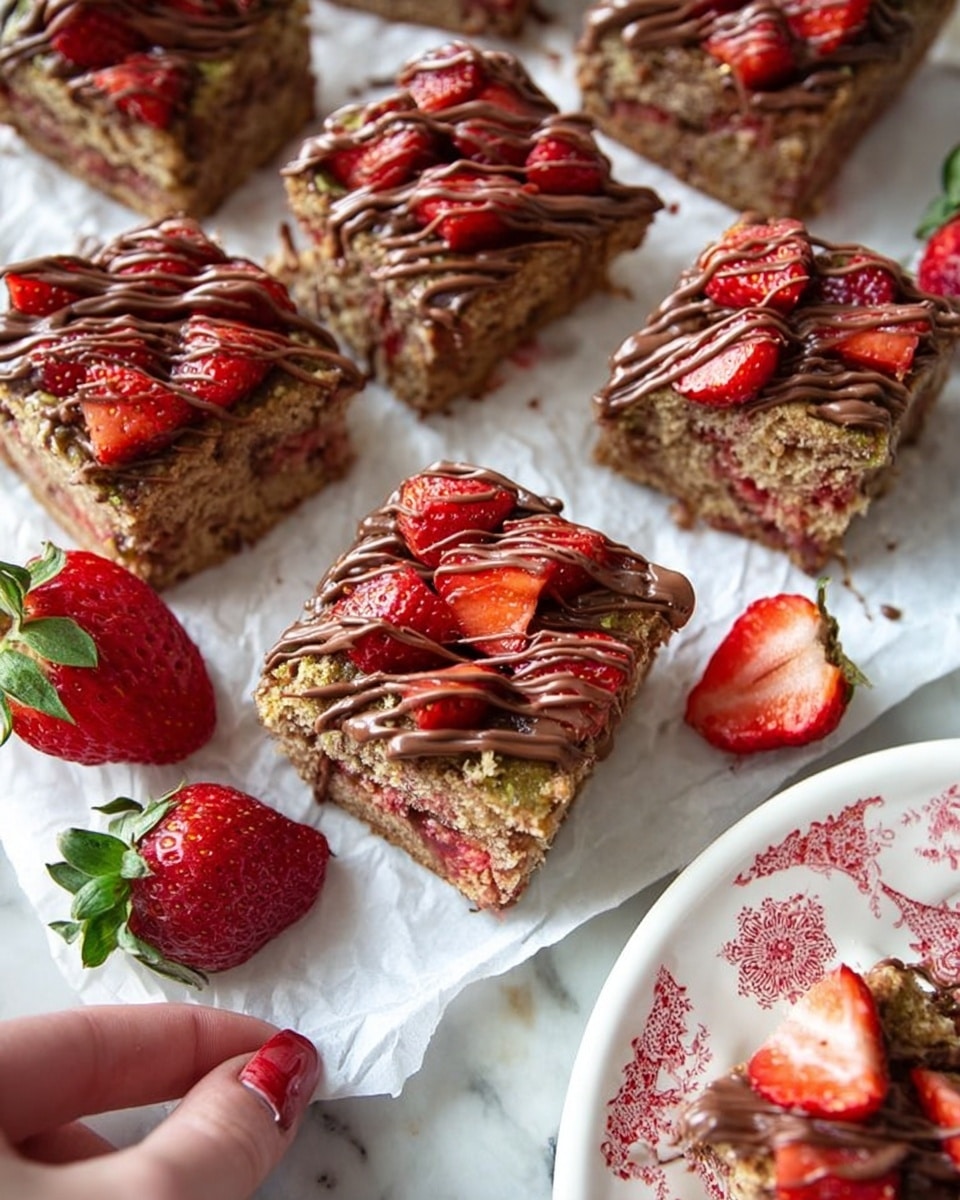 The image shows square pieces of light brown cake with visible small red fruit bits inside, placed on white parchment paper over a white marbled surface. Each piece has a greenish layer on top sprinkled with fresh dark red strawberry chunks. A thick, wavy drizzle of shiny milk chocolate covers the strawberry pieces, adding a rich glossy texture. Whole bright red strawberries with green tops are placed around the cake squares as decoration. One piece is partly eaten with a woman's hand reaching toward it, and part of a white plate with a red patterned rim is visible holding another piece of the cake. Photo taken with an iphone --ar 4:5 --v 7