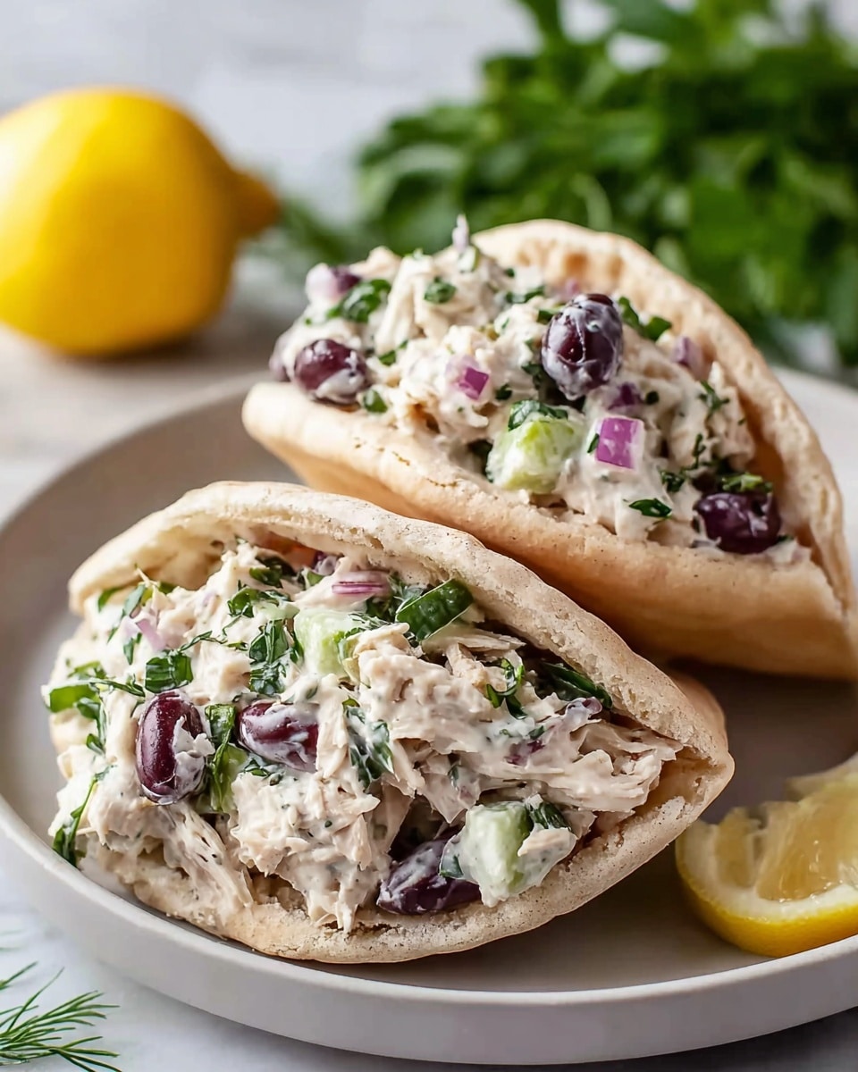 Two pita halves filled with a creamy chicken salad sit on a white plate. The salad has visible layers of shredded white chicken mixed with chopped green herbs, bright purple onion pieces, and dark olives, all held together with a creamy dressing. The pita bread is light brown with a soft, slightly textured surface, split to hold the filling generously. In the background, there is a whole lemon and some fresh green herbs, all placed on a white marbled surface. Photo taken with an iphone --ar 4:5 --v 7