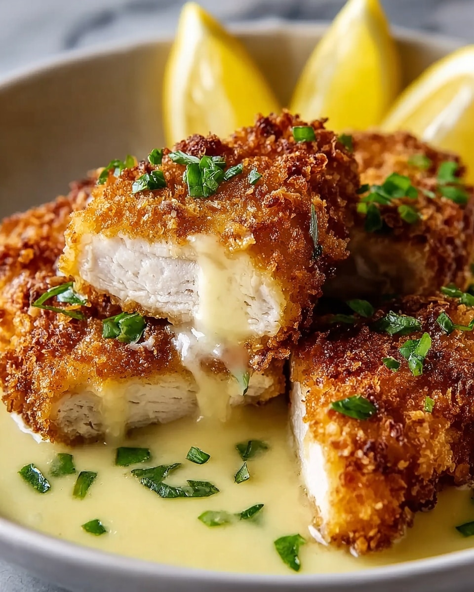 A close-up of crispy breaded chicken pieces with a golden brown, crunchy texture on the outside and juicy white meat inside, cut to show the tender interior. The chicken is placed in a shallow pool of creamy pale yellow lemon butter sauce, garnished with small green herb leaves scattered on top and around the chicken. Thin bright yellow lemon slices are positioned at the back on a white bowl, all set on a white marbled surface. photo taken with an iphone --ar 4:5 --v 7