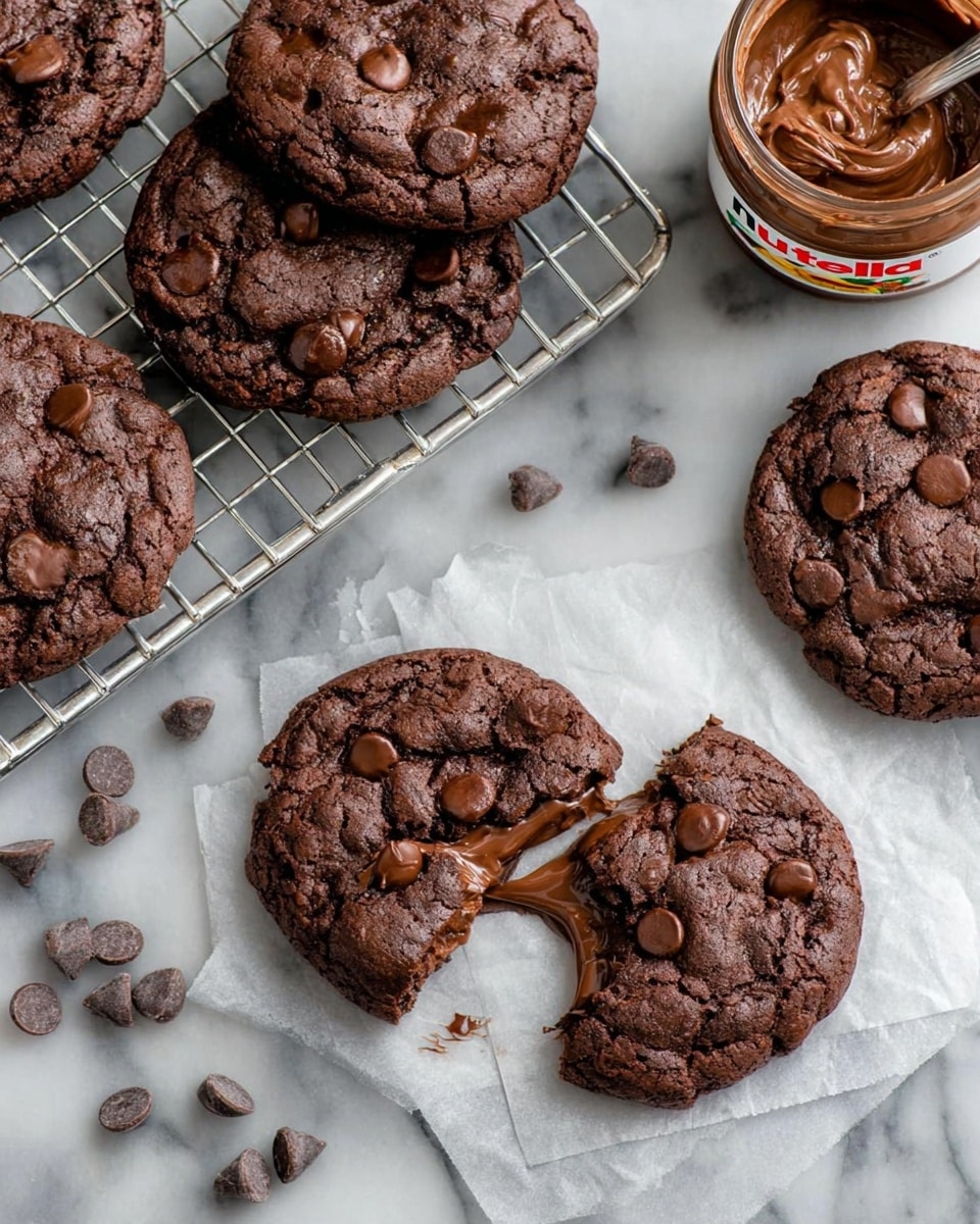 The image shows several thick, dark brown chocolate cookies with chocolate chips on a white marbled surface. Two cookies are broken open on pieces of parchment paper, revealing a gooey, melted chocolate filling inside. Some whole cookies rest on a white wire cooling rack near the top left, and scattered chocolate chips are spread around the surface. To the right, there is an open jar of Nutella with some chocolate spread on the rim. photo taken with an iphone --ar 4:5 --v 7