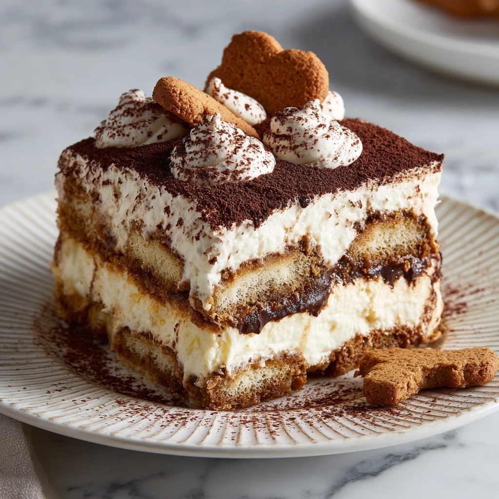 A slice of tiramisu dessert is placed in the center of a white plate with ridged edges. The tiramisu has three thick layers: two layers of light brown coffee-soaked cake with visible texture, and two creamy off-white layers of mascarpone cheese filling in between. The top layer is covered with a dusting of dark cocoa powder and decorated with dollops of cream. A golden-brown heart-shaped cookie stands upright on top, adding a charming touch. The plate sits on a white marbled surface dusted with cocoa powder, and a broken cookie is partially visible at the bottom front. The scene is softly lit, showing the dessert’s rich textures clearly. Photo taken with an iphone --ar 4:5 --v 7