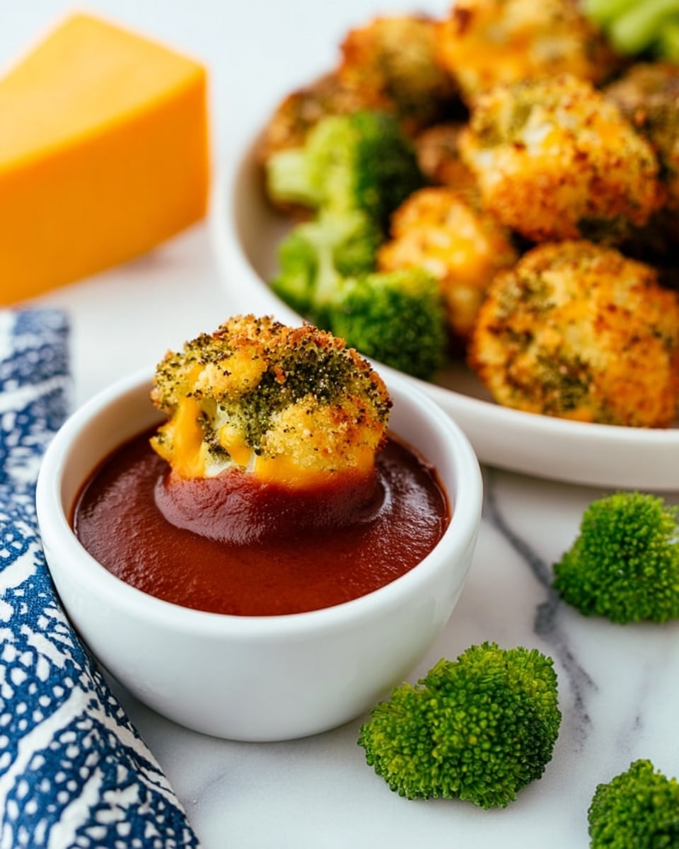 A close-up view shows a small white round bowl filled with thick dark red sauce, with a single golden brown cauliflower floret coated in green broccoli and light crispy cheese bits partially dipped in the sauce. Behind it, there is a white plate piled with more cauliflower and broccoli pieces with a similar golden crisp layer. The white marbled surface is scattered with fresh bright green broccoli florets, a block of orange cheddar cheese, and a blue and white patterned cloth on the bottom left. The scene is brightly lit with fresh and vibrant colors. Photo taken with an iphone --ar 4:5 --v 7