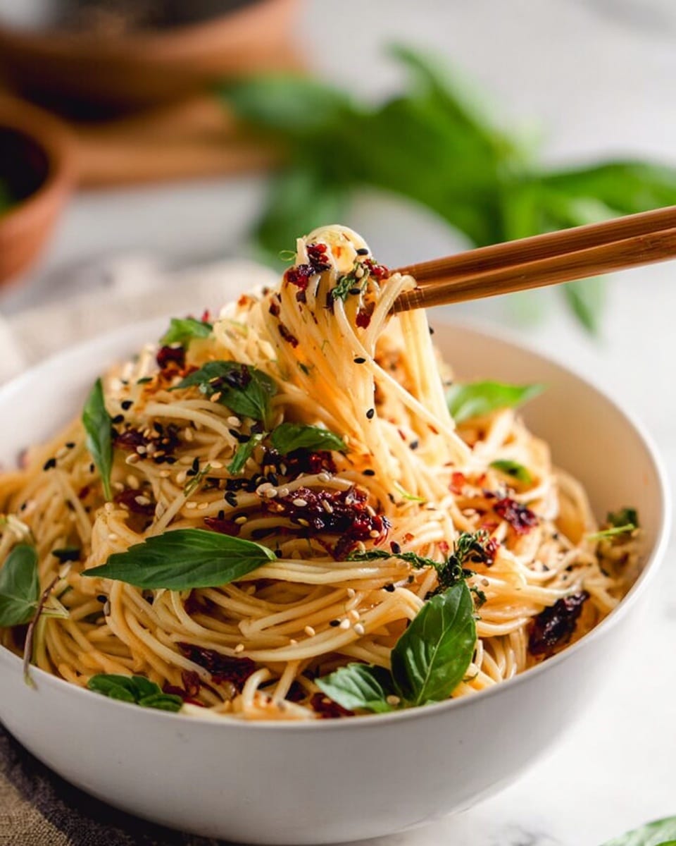 A white bowl filled with thin, light golden noodles piled high, mixed with dark red chili flakes and dark sesame seeds scattered over the top. Bright green fresh basil leaves and sprigs of herbs are placed on and around the noodles. Two wooden chopsticks rest diagonally on the bowl’s edge, holding a small bundle of noodles. The bowl sits on a white marbled surface, and a blurred green leaf and food bowl appear softly in the background. Photo taken with an iphone --ar 4:5 --v 7