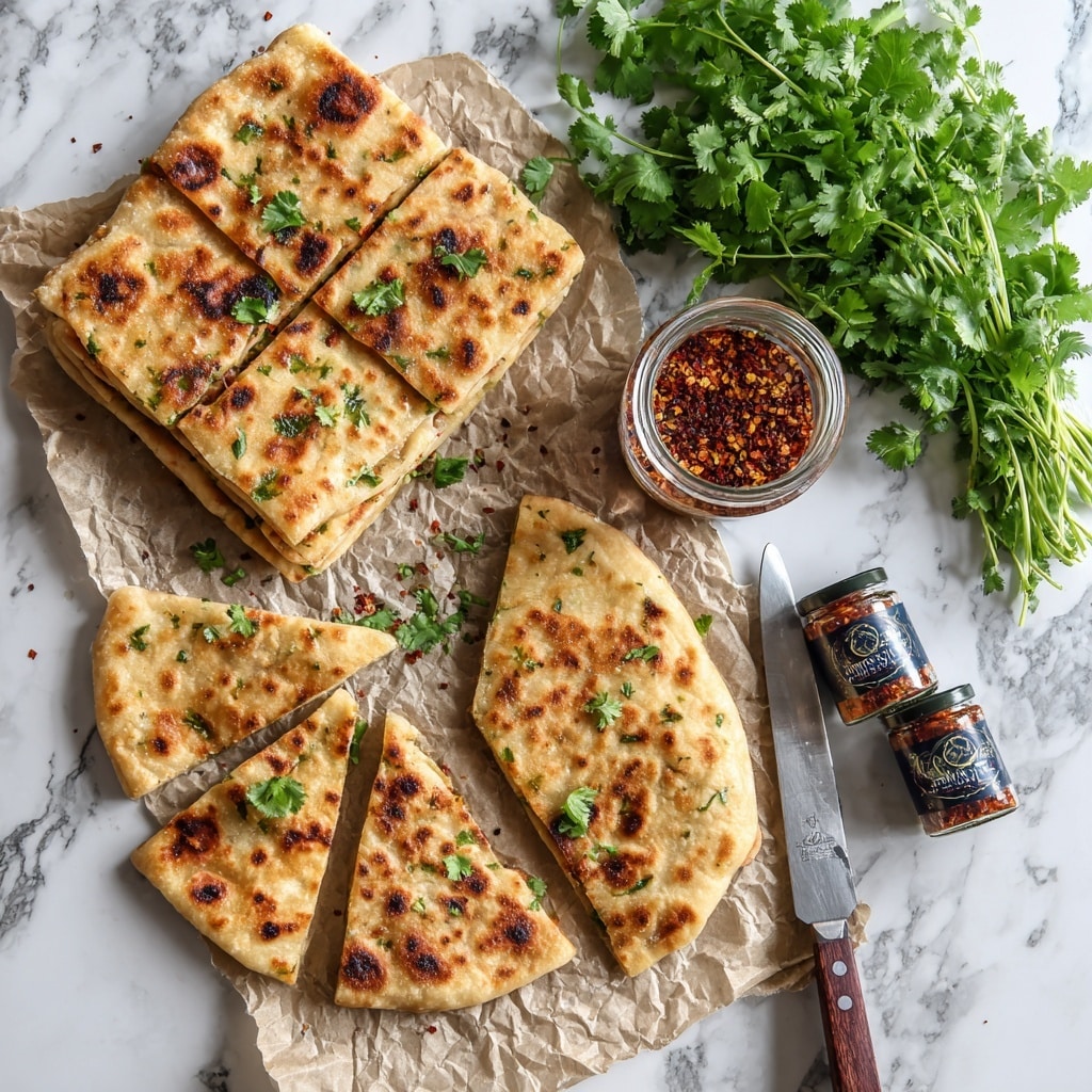 The image shows two types of stuffed flatbreads on crinkled parchment paper over a white marbled surface. The top flatbread is square-shaped, cut into four triangular pieces, with a golden-brown spotted surface and some green herbs peeking through in the folds. The bottom flatbread is semi-circular, sliced into six triangular pieces, with a lightly browned surface showing darker charred spots and garnished with small sprigs of fresh green cilantro. Next to the flatbreads, there is a knife with a shiny blade and black handle, two clear jars of organic red pepper flakes with navy blue lids, and a bunch of fresh cilantro with bright green leaves. Photo taken with an iphone --ar 4:5 --v 7