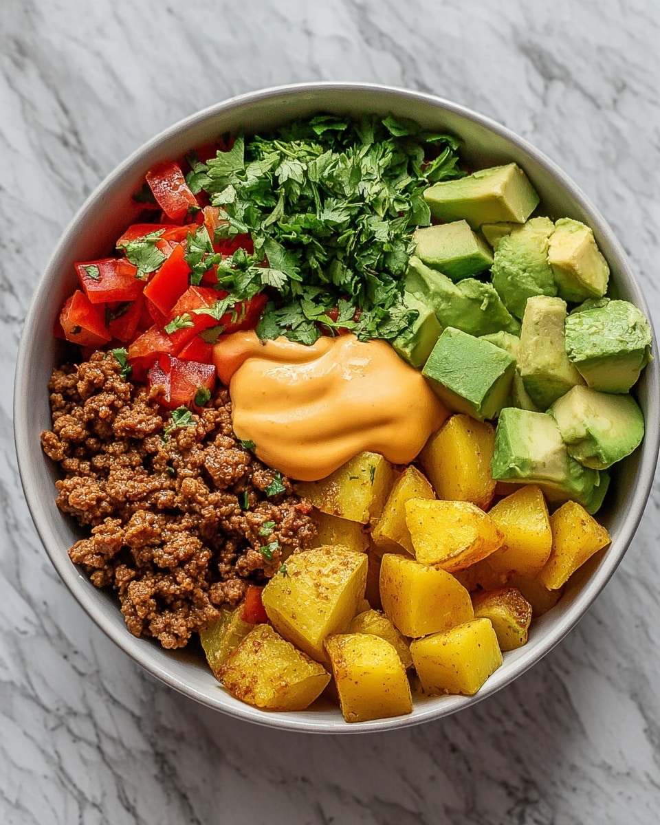A white bowl filled with four main sections: bright green leafy lettuce on one side, finely chopped red and green tomatoes mixed with onions next to it, golden brown diced cooked potatoes at the bottom left, and a pile of dark brown cooked ground meat in the center. On the right edge resting on the meat are two small scoops, one of light green guacamole and one of white sour cream. The bowl sits on a white marbled surface with part of another similar bowl blurred in the background. Photo taken with an iphone --ar 4:5 --v 7