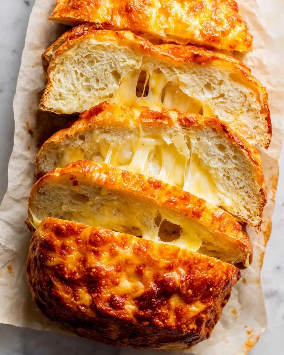 A golden-brown loaf of cheese bread is sliced into five thick pieces, each slice showing a soft, airy interior with melted cheese oozing and stretching between the layers. The top is covered with a bubbly, crispy, and slightly shiny cheese crust that adds a rich texture and deep orange color. The bread sits on white parchment paper against a white marbled surface, enhancing its warm tones and making the melted cheese details stand out. photo taken with an iphone --ar 4:5 --v 7