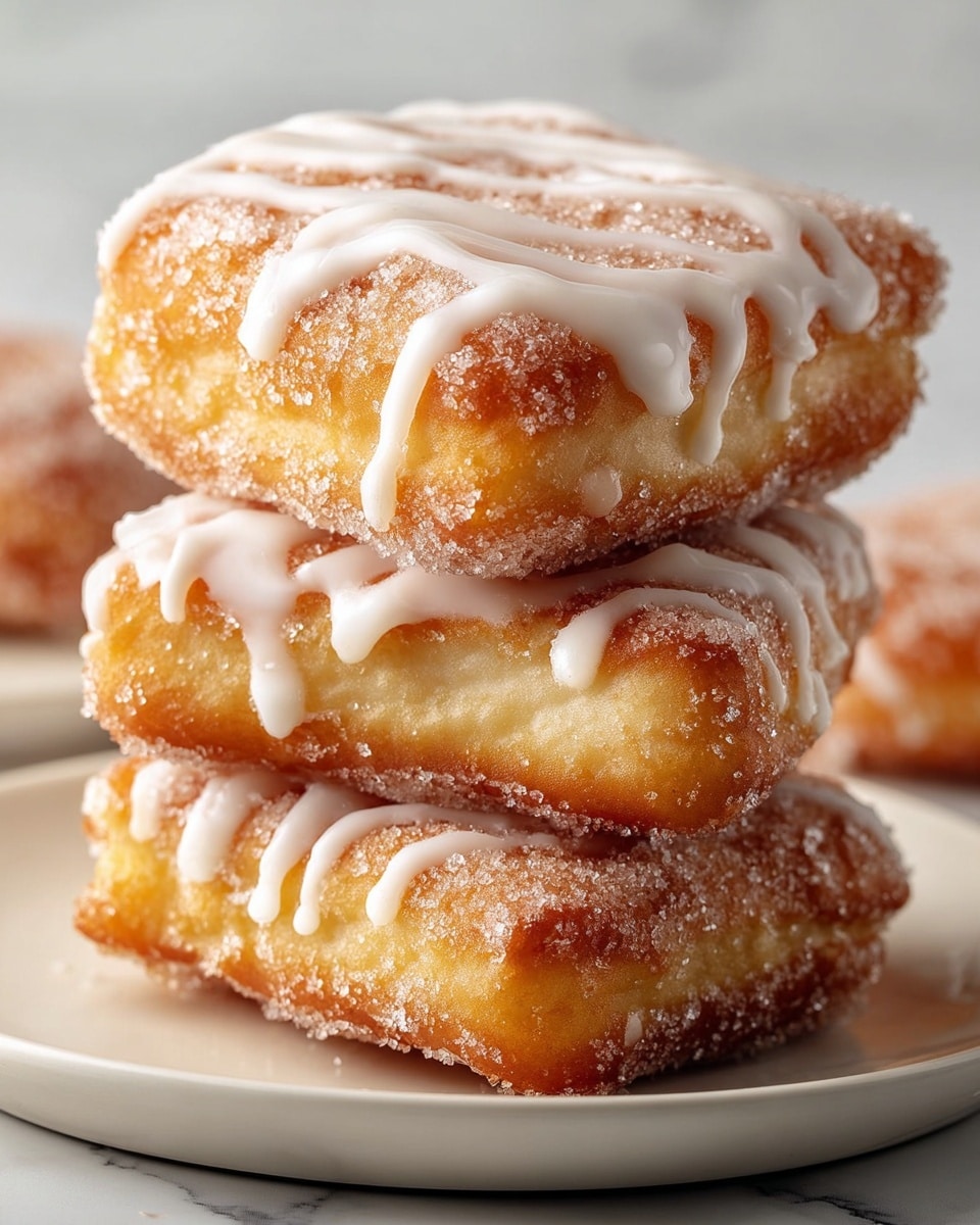 This image shows a close-up of four square glazed doughnuts stacked casually on a white plate. The doughnuts have a golden brown outer layer with a soft, light beige inner dough that looks fluffy and moist. Each doughnut is covered with a shiny, slightly translucent white glaze that drips lightly down the sides. The top doughnut is resting partly on the doughnut below, showing its airy texture clearly. The plate is placed on a white marbled surface, which adds a clean and simple background to the warm tones of the doughnuts. photo taken with an iphone --ar 4:5 --v 7