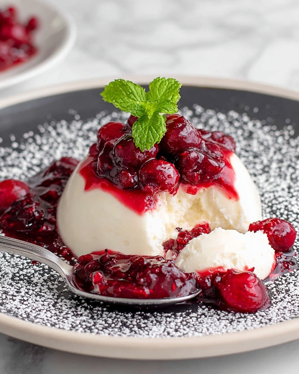 The image shows two round black plates on a white marbled surface, each holding a dessert. On the left plate is a single layer of white creamy cheesecake, smooth and thick, centered on the plate. On the right plate, the same cheesecake is topped with a bright red cherry sauce that has visible whole cherries and a glossy, thick texture, placed evenly over the cheesecake. A woman's hand holds a silver spoon, pouring more cherry sauce onto the cake from the top right side. Photo taken with an iphone --ar 4:5 --v 7