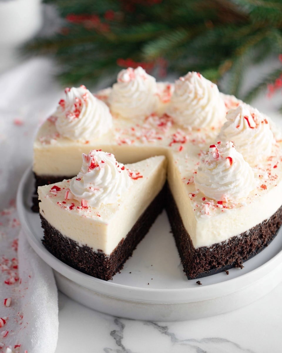 The image shows a slice of creamy pie on a white plate, set on a white marbled surface. There are two clear layers in the slice: the bottom layer is a firm, dark chocolate crumb crust with a grainy texture, and the top layer is a thick, smooth, pale cream filling speckled with small pieces of red and white peppermint. The pie slice is topped with a swirl of fluffy white whipped cream that has soft peaks and some peppermint bits scattered around. In the background, a blurred scene shows green pine branches and part of a whole pie on a white cake stand. Photo taken with an iphone --ar 4:5 --v 7