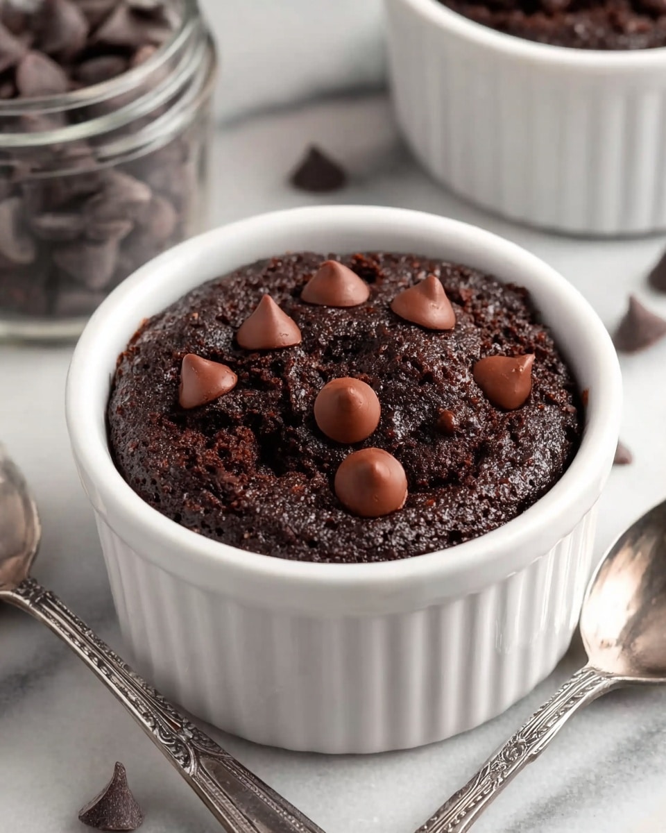 A white ramekin holds a single dark chocolate cake with a rough, cracked top, dotted with glossy chocolate chips. One side of the cake is broken open, revealing a thick, gooey, melted chocolate center that flows slightly outwards. The ramekin sits on a white marbled surface scattered with chocolate chips and a few bright red raspberries. Nearby, a white bowl is filled with more raspberries, and a glass jar of chocolate chips is blurred in the background. photo taken with an iphone --ar 4:5 --v 7