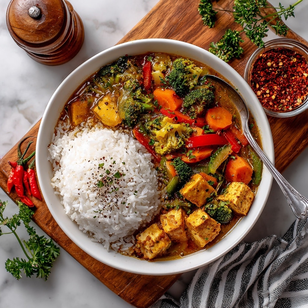 A white bowl holds a colorful dish with two main layers. On the right side is a large mound of fluffy white rice sprinkled lightly with black pepper. On the left side, there is a mix of bright yellow potato chunks, green broccoli florets, orange carrot slices, and red bell pepper pieces, all cooked in a yellow curry sauce that looks slightly oily and seasoned with small red chili flakes. A fresh green parsley leaf rests on top of the curry for garnish. A silver spoon lies inside the bowl, resting on the edge. The bowl sits on a wooden board over a striped gray and white cloth with some red chilies, parsley leaves, a pepper grinder, and a small bowl of crushed red chili flakes arranged around it, placed on a white marbled surface. Photo taken with an iphone --ar 4:5 --v 7