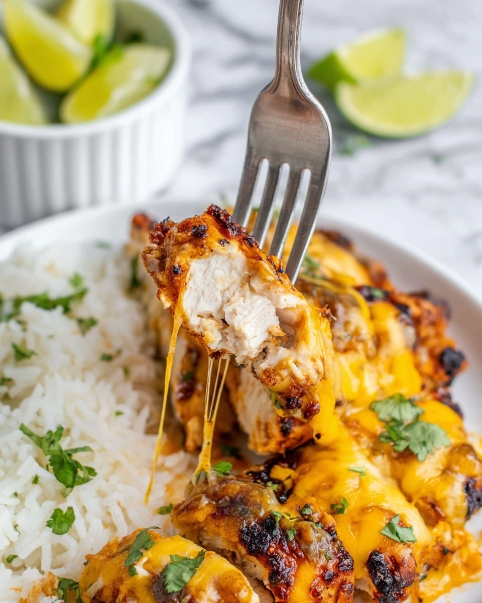 A close-up of three thick chicken breasts in a white cast iron pan, each covered with a melted layer of yellow and white shredded cheese, sprinkled with small green cilantro leaves. The chicken sits in a dark reddish-brown sauce with a glossy, slightly chunky texture, surrounding the edges of the pan. A silver spatula lifts the front piece, showing the cheesy top and slightly charred chicken beneath. The pan is placed on a white marbled surface with some shredded cheese and cilantro on the side. photo taken with an iphone --ar 4:5 --v 7