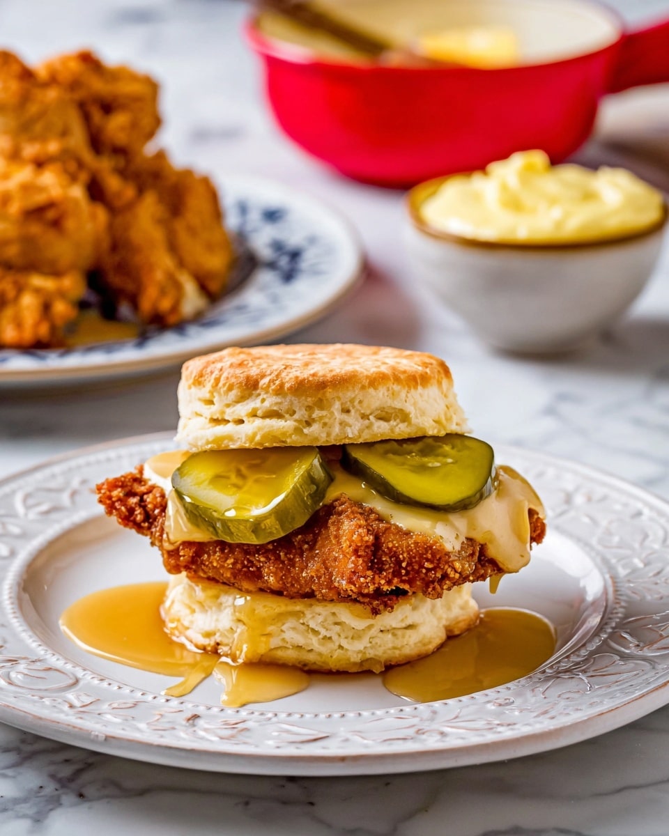 A white biscuit sandwich is shown with three clear layers: the base is a soft, light golden biscuit, followed by a thick, crispy, golden-brown fried chicken fillet, then two green pickles resting on the chicken, topped with the soft upper half of the biscuit, which has a shiny layer of golden syrup dripping down the sides and pooling on the white plate with delicate raised patterns. In the background, there is a white plate with more fried chicken and a biscuit, as well as a red bowl with a creamy yellow mixture, all set on a white marbled surface. photo taken with an iphone --ar 4:5 --v 7
